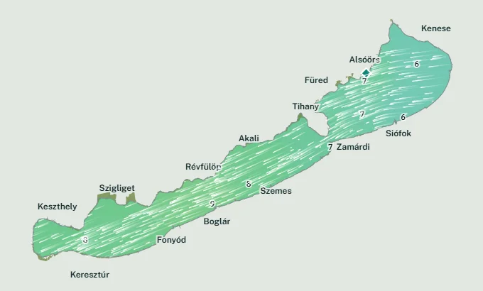 A Balaton színezett szélmezője, a szélirányt jelző fehér csíkokkal