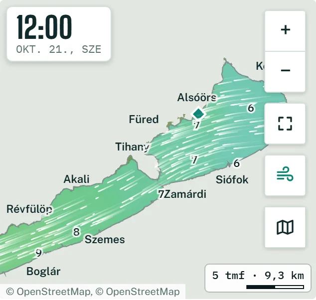 A szélmező telefonos nézetben, Alsóörs és Siófok környékén